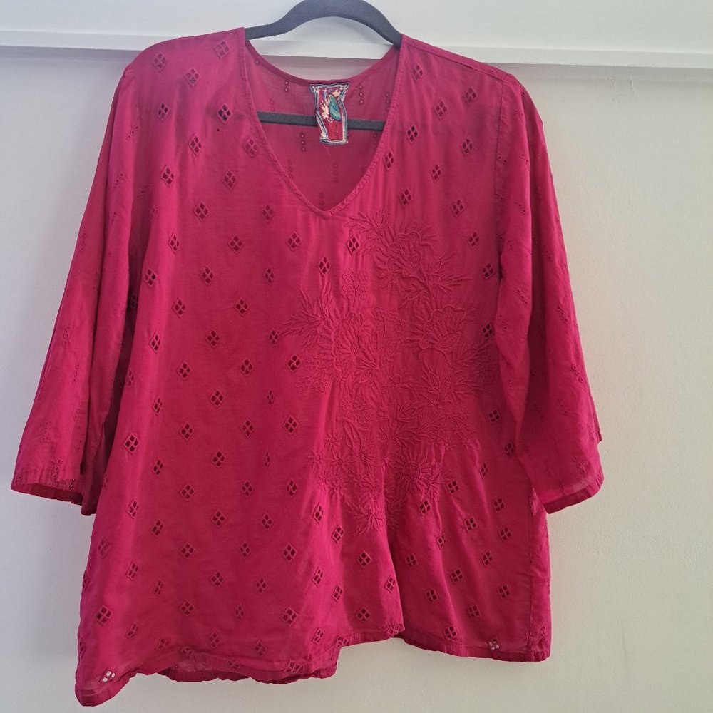 JOHNNY WAS Hot Pink Embroidered Eyelet Long Sleeve Top